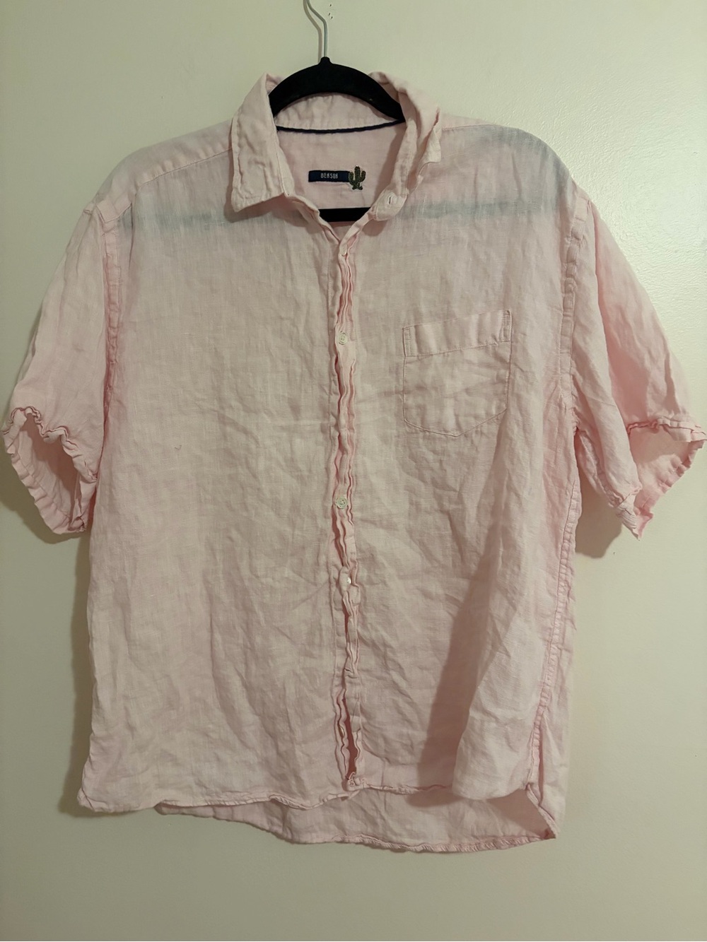 Relaxed Light Pink Linen Button-Front Blouse - Casual Short Sleeve